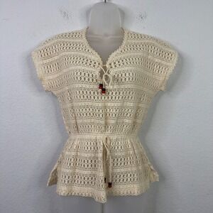 Spare Parts Shirt Women M Vintage Cream Crochet Peplum Boho Cottagecore Festival